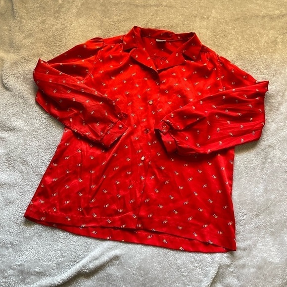 Vintage 70s Red Rainbow Button Up Blouse - Picture 1 of 9